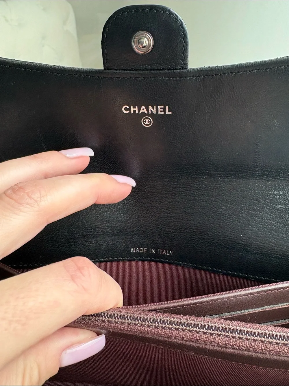 AUTHENTIC CHANEL GUSSET FLAP  BLACK QUILTED LEATHER WALLET ON CHAIN